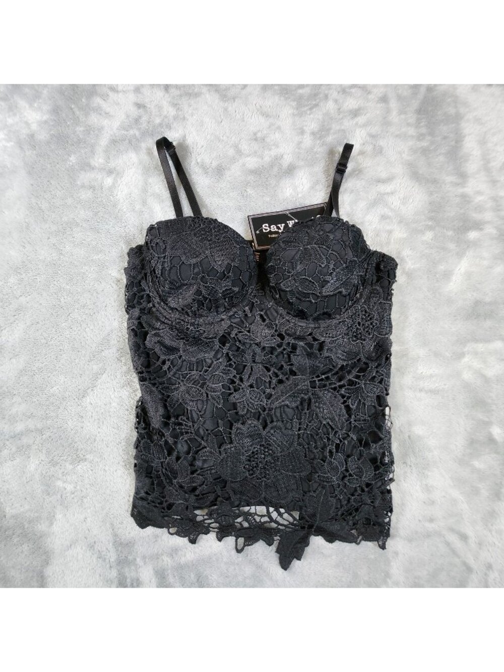 Say What Crochet Bustier Top Small Black Underwire Padded Zip Goth Biker Sexy